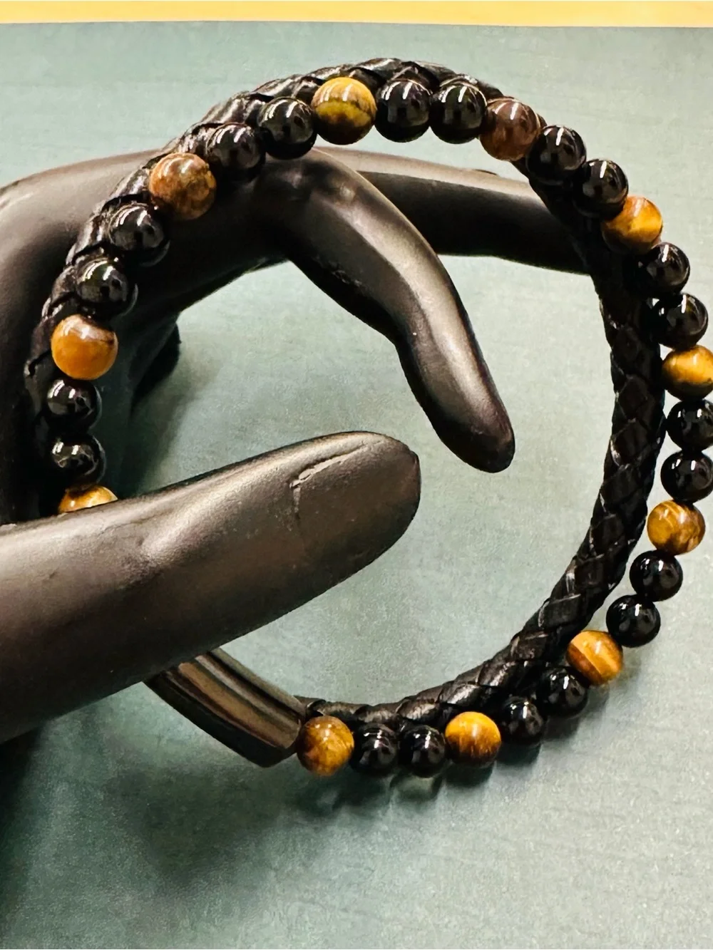 Tiger Eye Onyx Black Braided Leather Bracelet B10